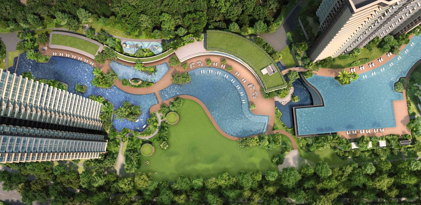Aerial view of the canopy lap pool and leisure pool