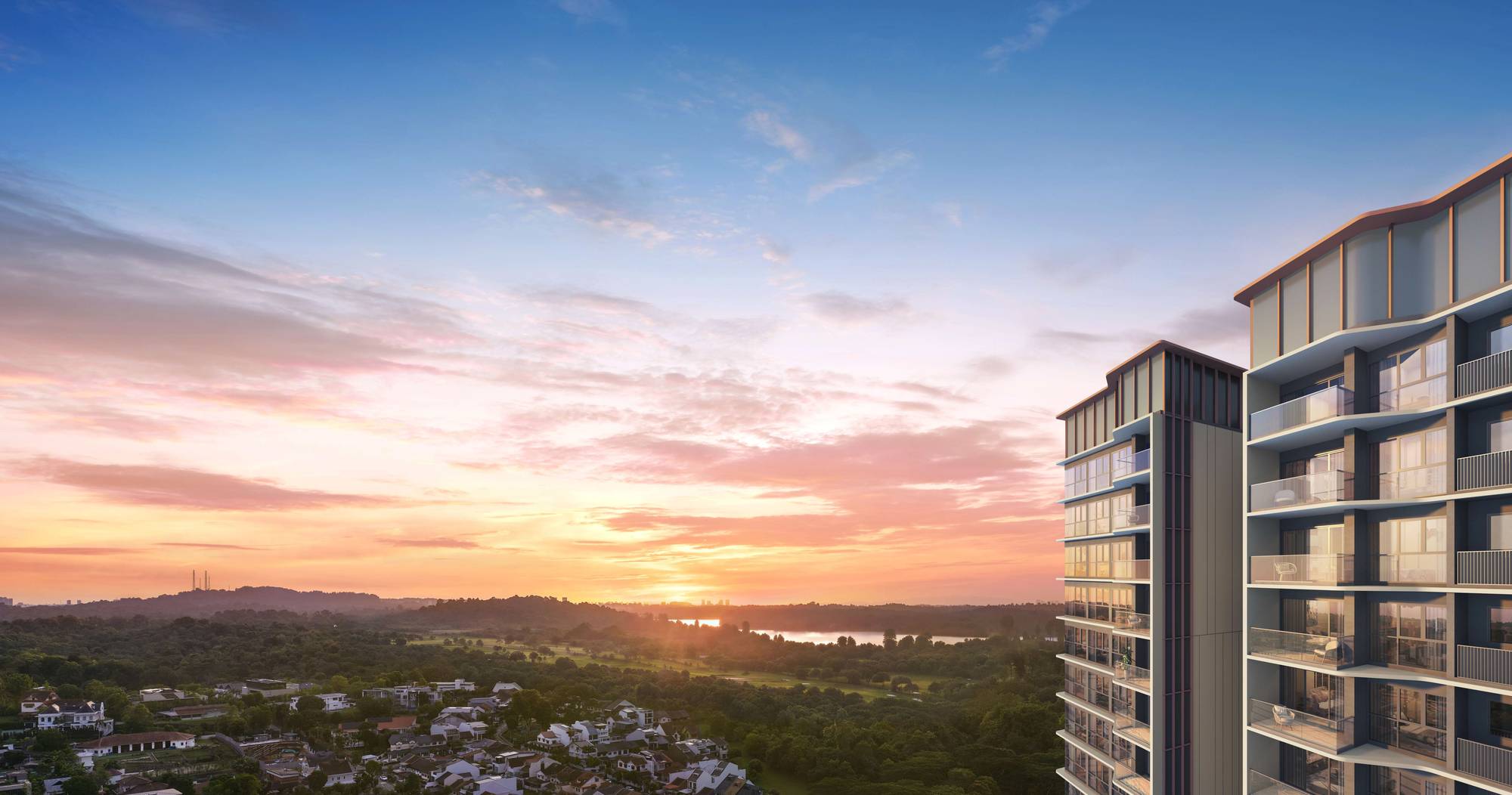 Artist's impression of Thomson Reserve towers at sunset overlooking MacRitchie Reservoir