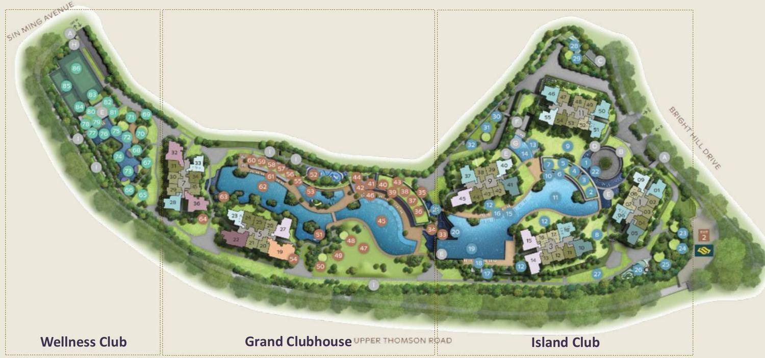 Site plan showing the Wellness Club, Grand Clubhouse and Island Club zones